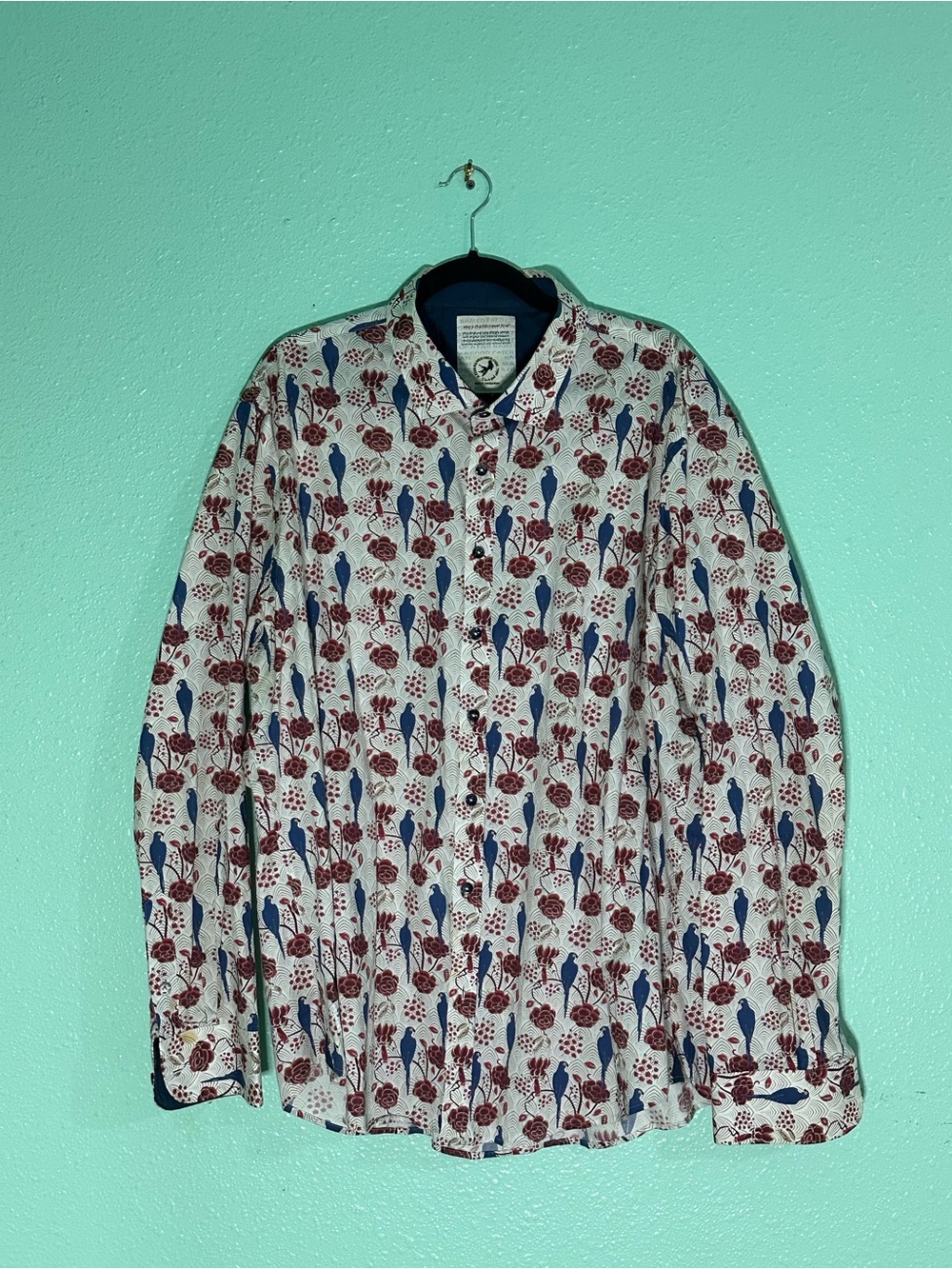 Men's Casual Button-Down Shirt - Blue & Burgundy Floral Print